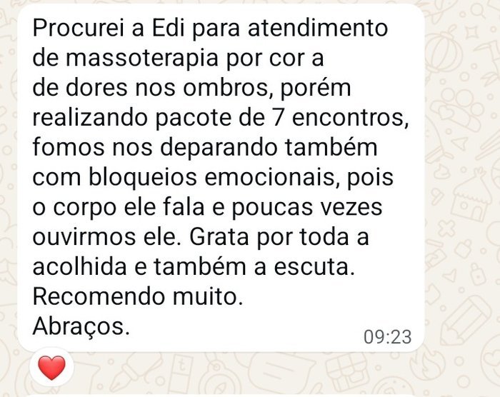 Depoimento de cliente sobre massoterapia e alívio de dores nos ombros