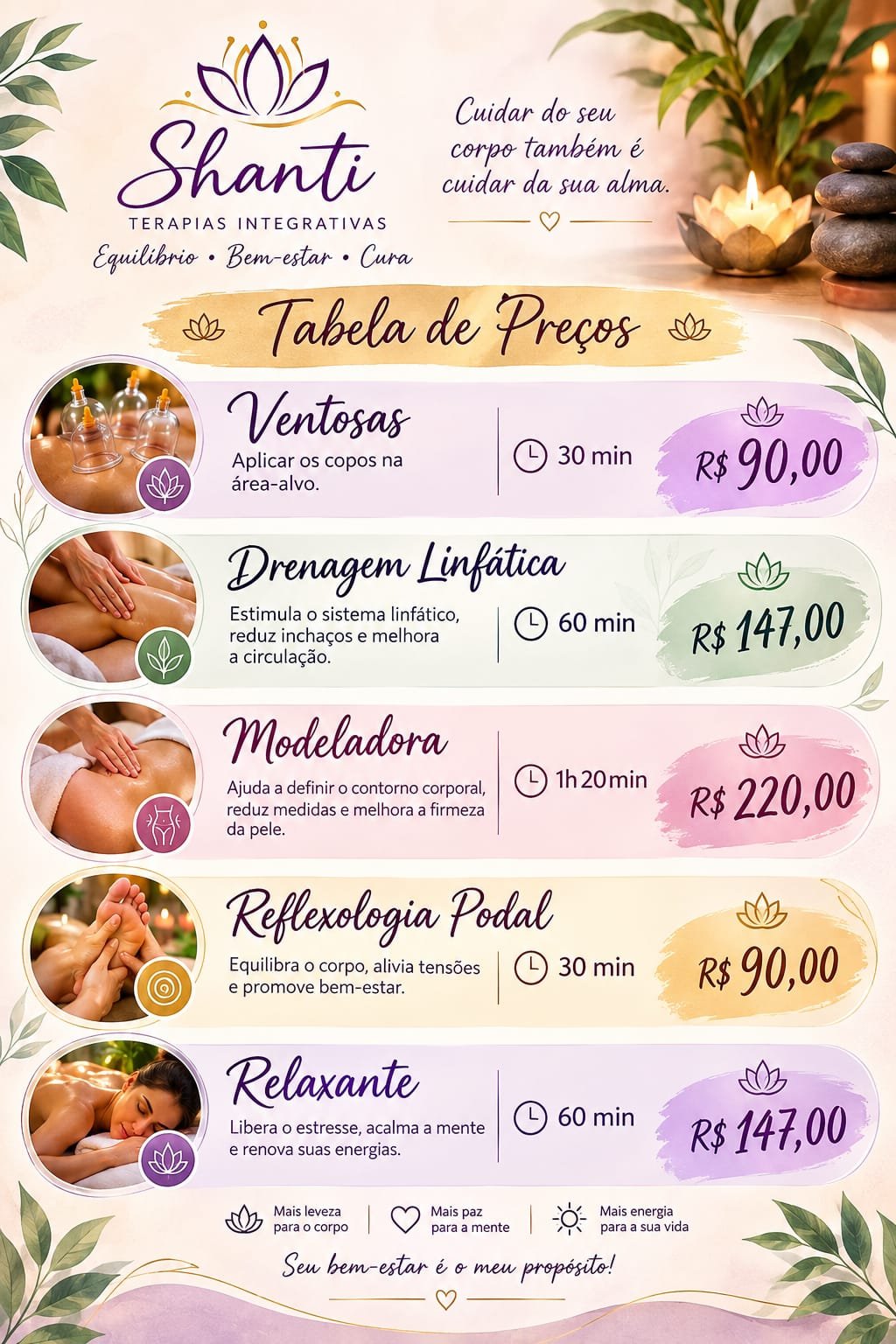 Tabela de preços dos atendimentos de Edinalva do Nascimento